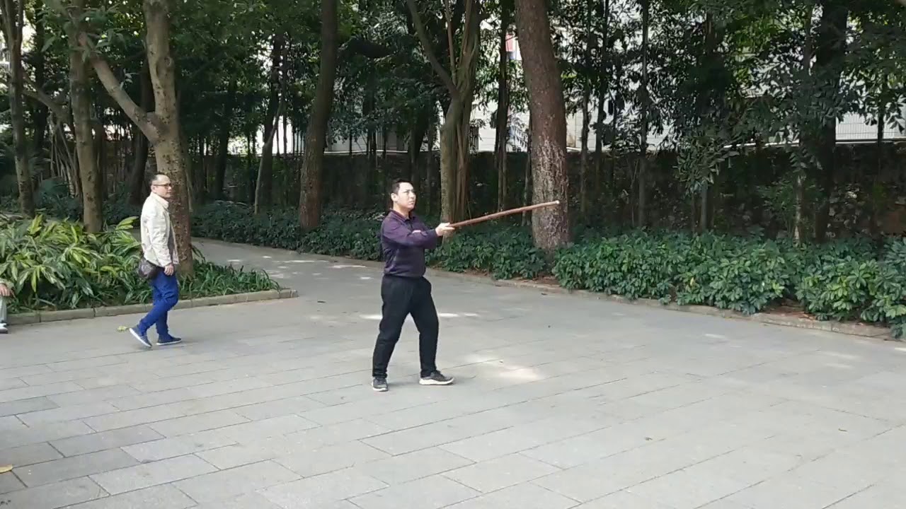 White crane boxing teacher perform stick