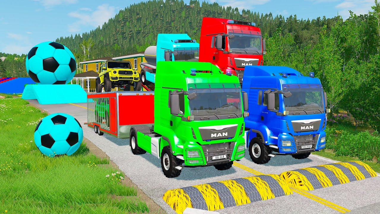 Double Flatbed Trailer Truck vs Speedbumps Train vs Cars | Tractor vs Train Beamng.Drive 076