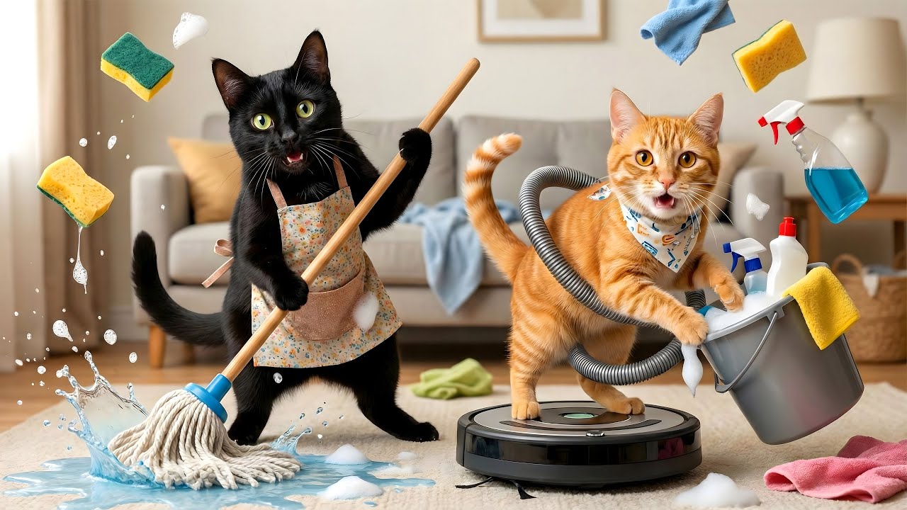 黒猫のジジとジンジャーが、とっても面白い掃除の才能を披露します🌿🐾