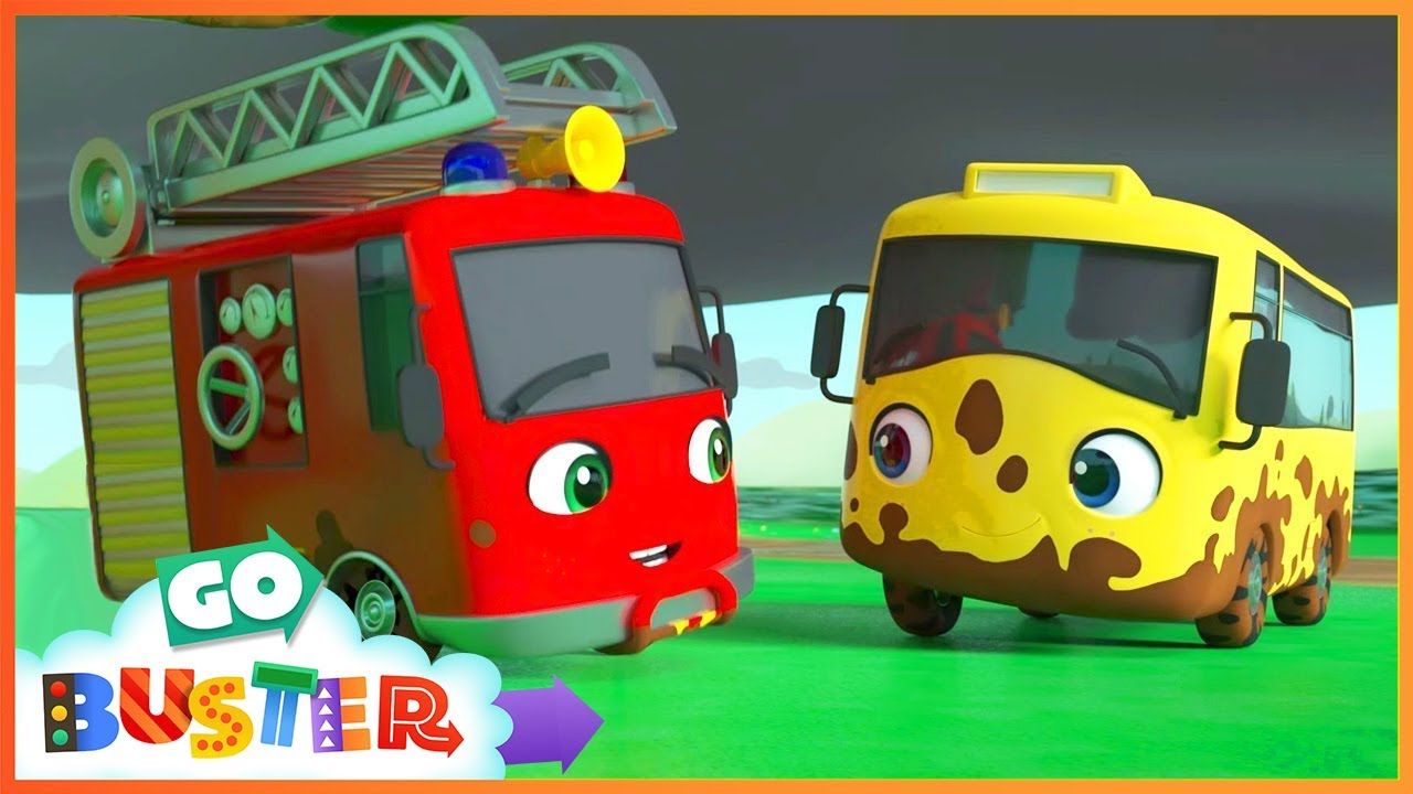 Skidding Race in Muddy Puddles! A Stormy Day - Go Buster Cartoons for Kids