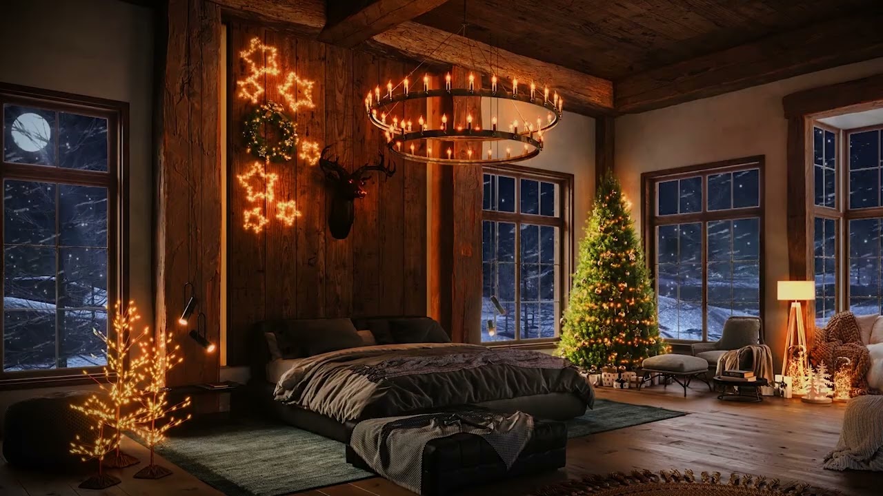 Blizzard Sounds and a soothing Bedroom for Sleep and Relaxation   Crackling Fireplace Sounds