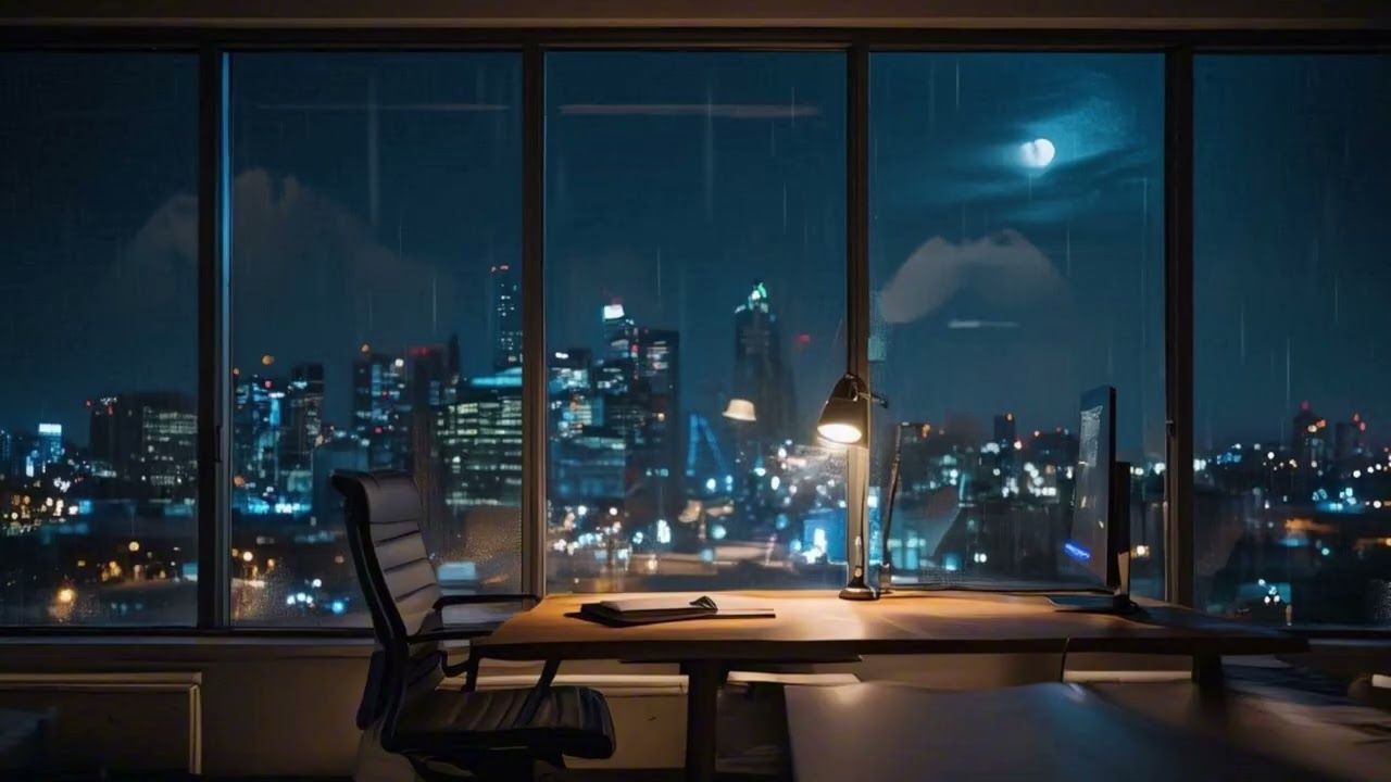 Luxury Office Night Rain – Focus & Sleep Ambience | 8 Hours