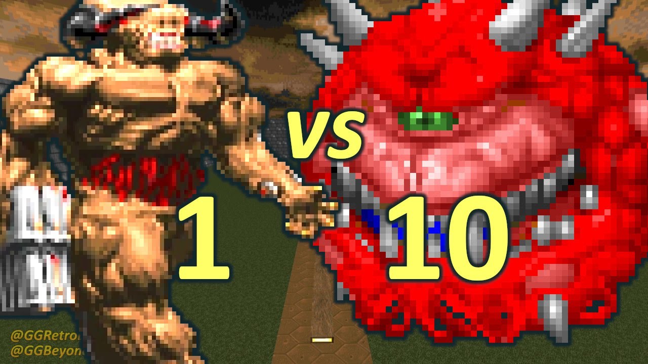 Cyberdemon vs 10 Cacodemons - Monster Infighting - Doom Retro Battles