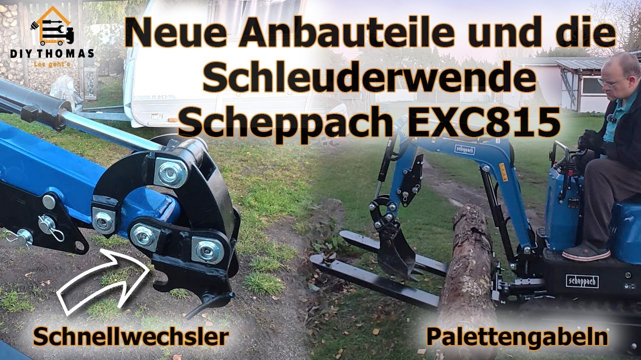 Minibagger Scheppach EXC815 - Schnellwechsler anbauen und Palettengabel testen / Schleuderwende