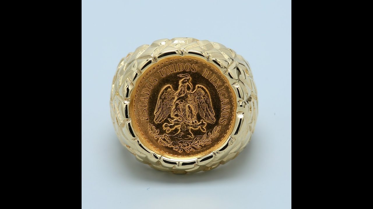 1945 Vintage Men's 14kt and 20kt Yellow Gold Mexican Pesos Coin Textured Ring