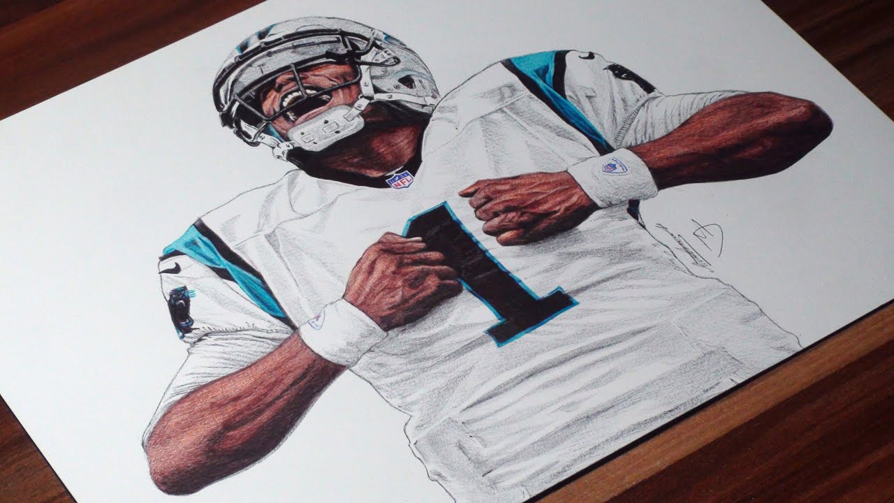 Cam Newton Pen Drawing - Carolina Panthers - DeMoose Art