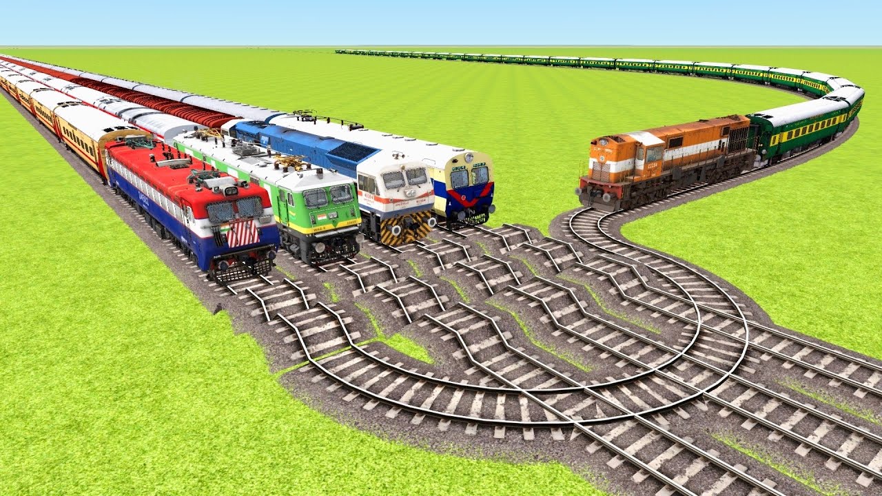 FIVE CRAZY TRAINS VS SHARP SPEED BUMPS AND ROUND U SHAPE RAILROAD ▶️ Train Simulator | CrazyRails