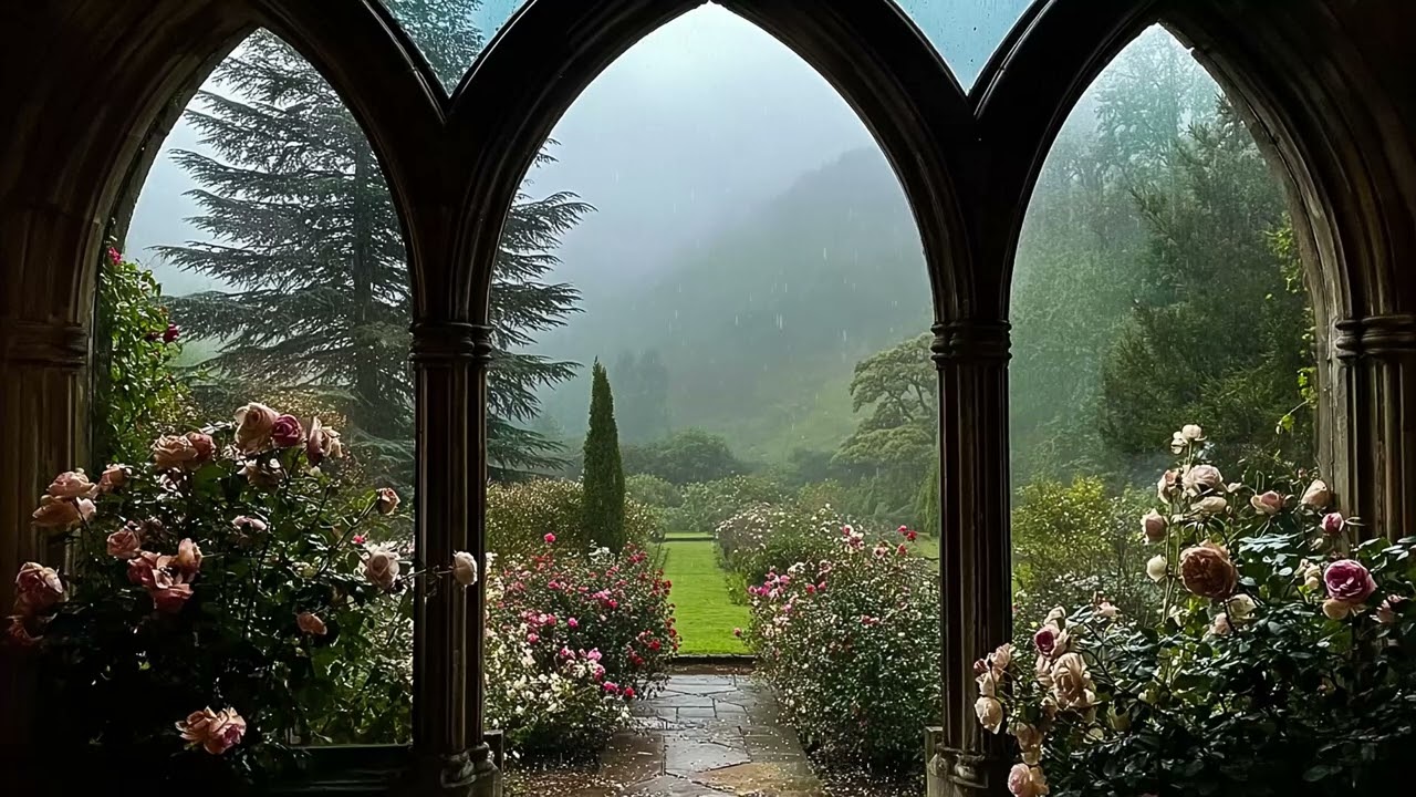 Rainy Garden Window View 🌧️ Soft Rain & Misty Green Ambience for Sleep