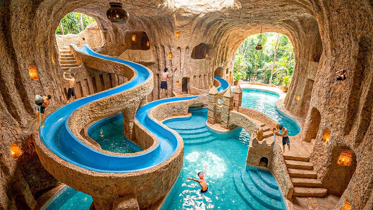 250 Days Building a Water Park 10m Below the Ground with Spiral Slides Complex Using Primitive Tools