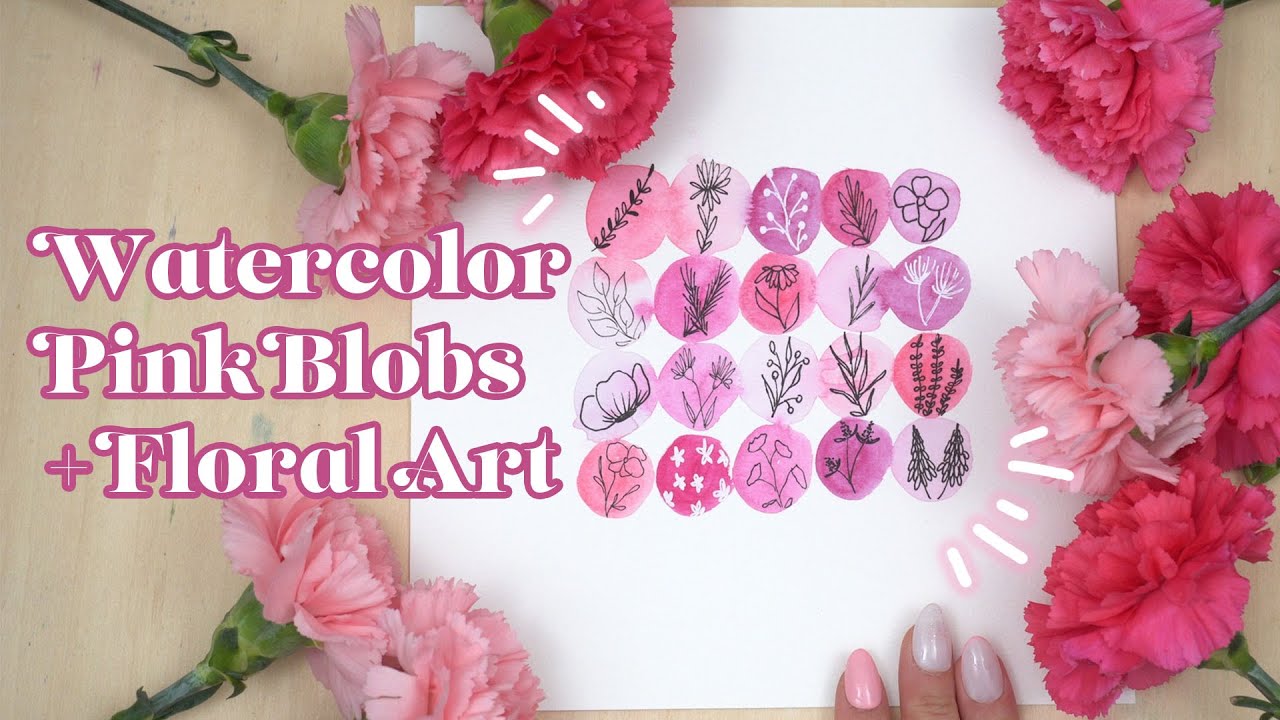 National Pink Day - Watercolor blobs with minimal floral line art (Real-time, no talking)
