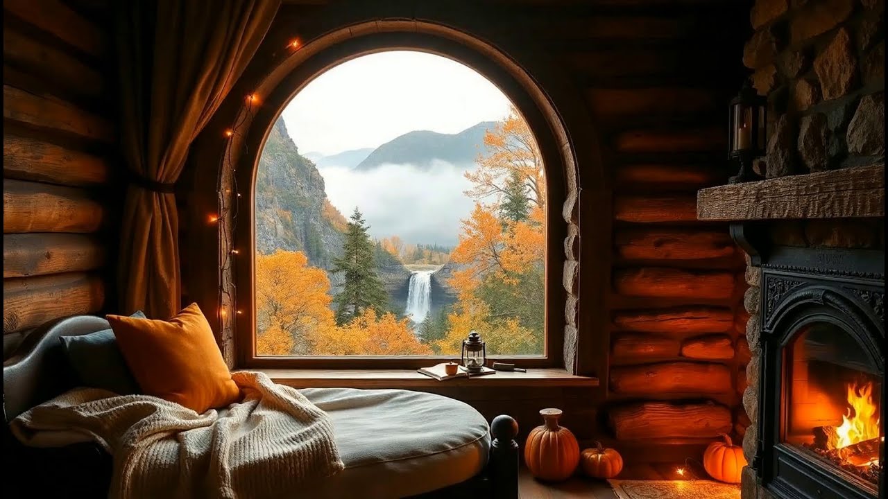 Cozy Autumn Cabin Fireplace &mdash; Smooth Jazz & Waterfall View Ambience for Study & Rest