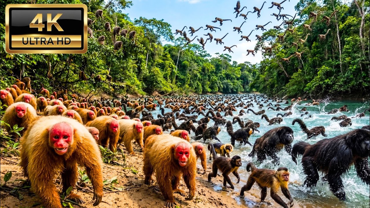 Relaxing Walk In The Amazon: Uakari Monkey, Titi Monkey, Woolly Monkey & Saki Monkey (4K)