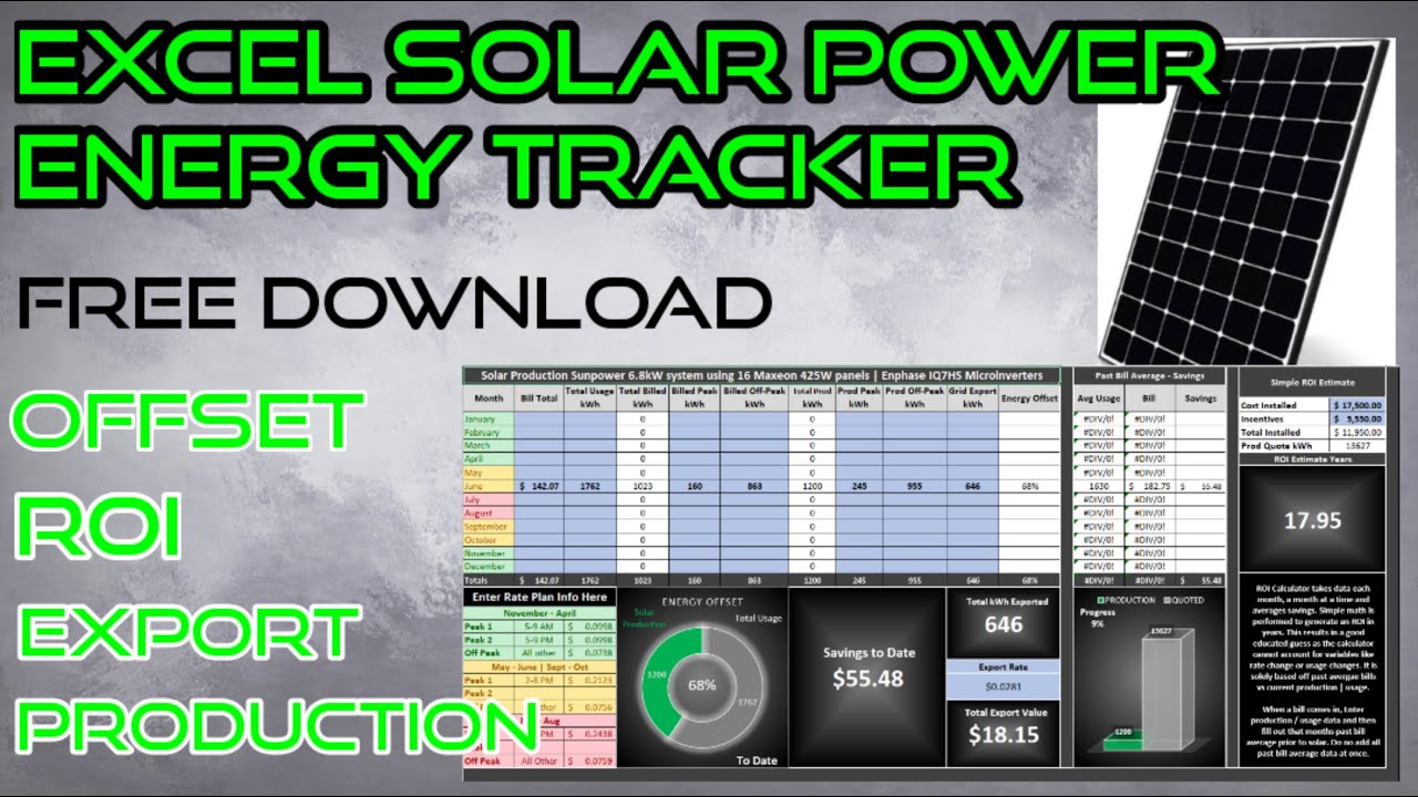 EASY EXCEL SOLAR TRACKER - CALCULATOR - DASHBOARD - ROI, EXPORT, PRODUCTION, OFFSET +! FREE DOWNLOAD