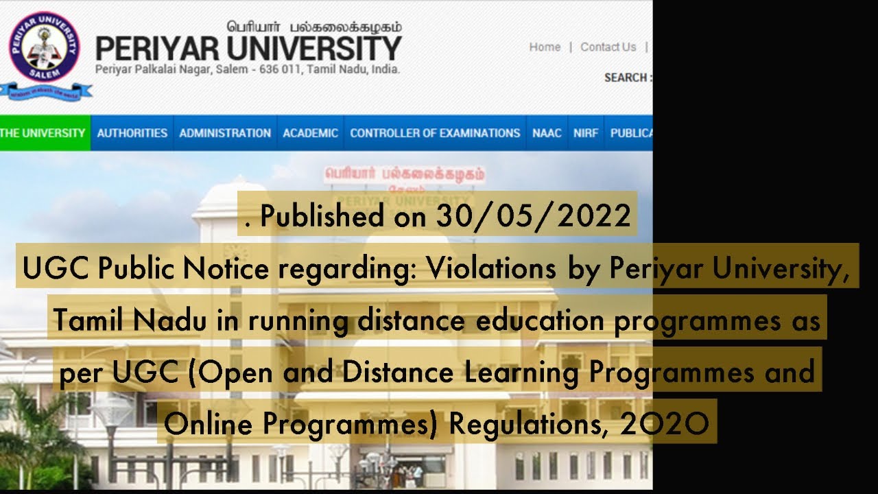 Violations by Periyar University, Tamil Nadu in running distance education programmes as per UGC