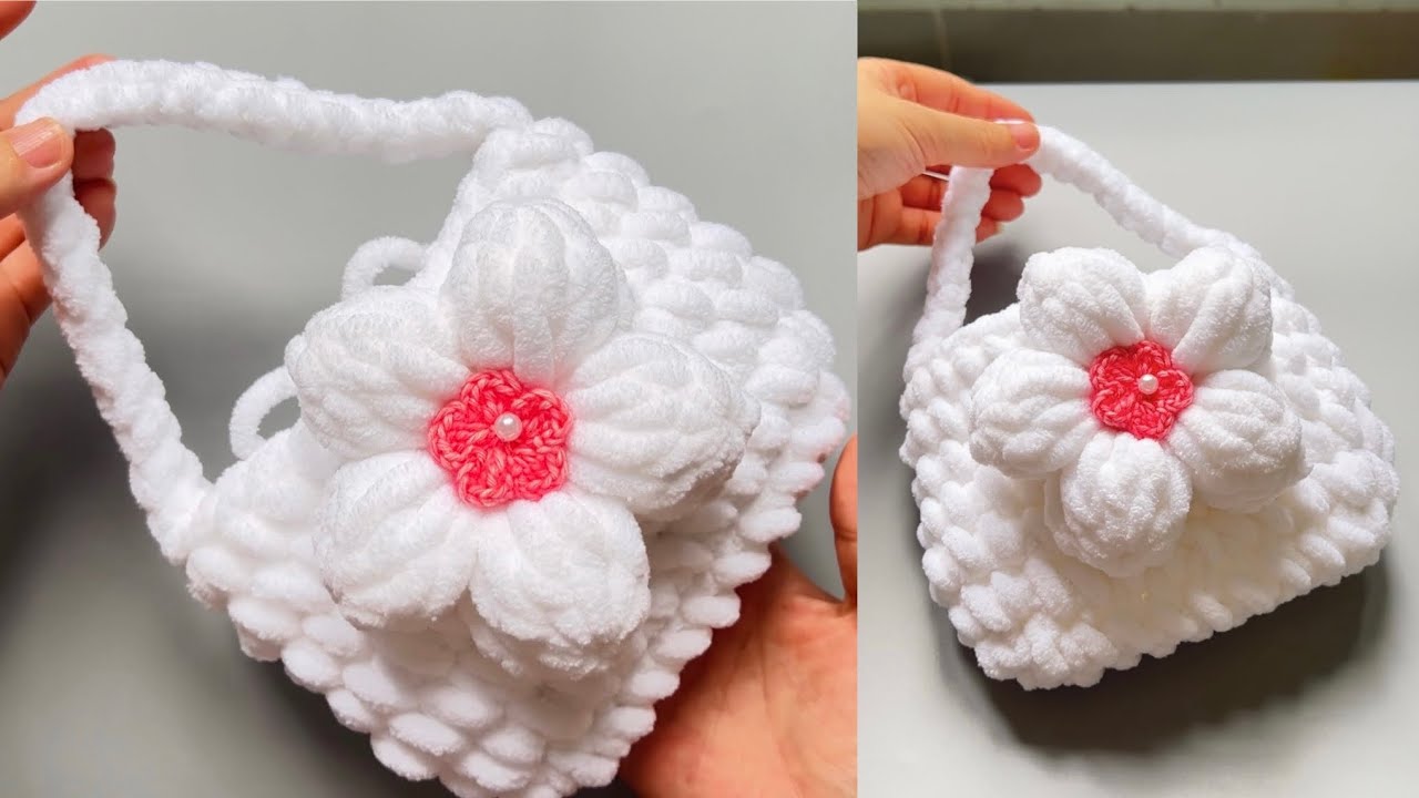Crochet Flower Bag 🌸 Móc túi xách cầm tay siêu dễ thương bằng len nhung đũa