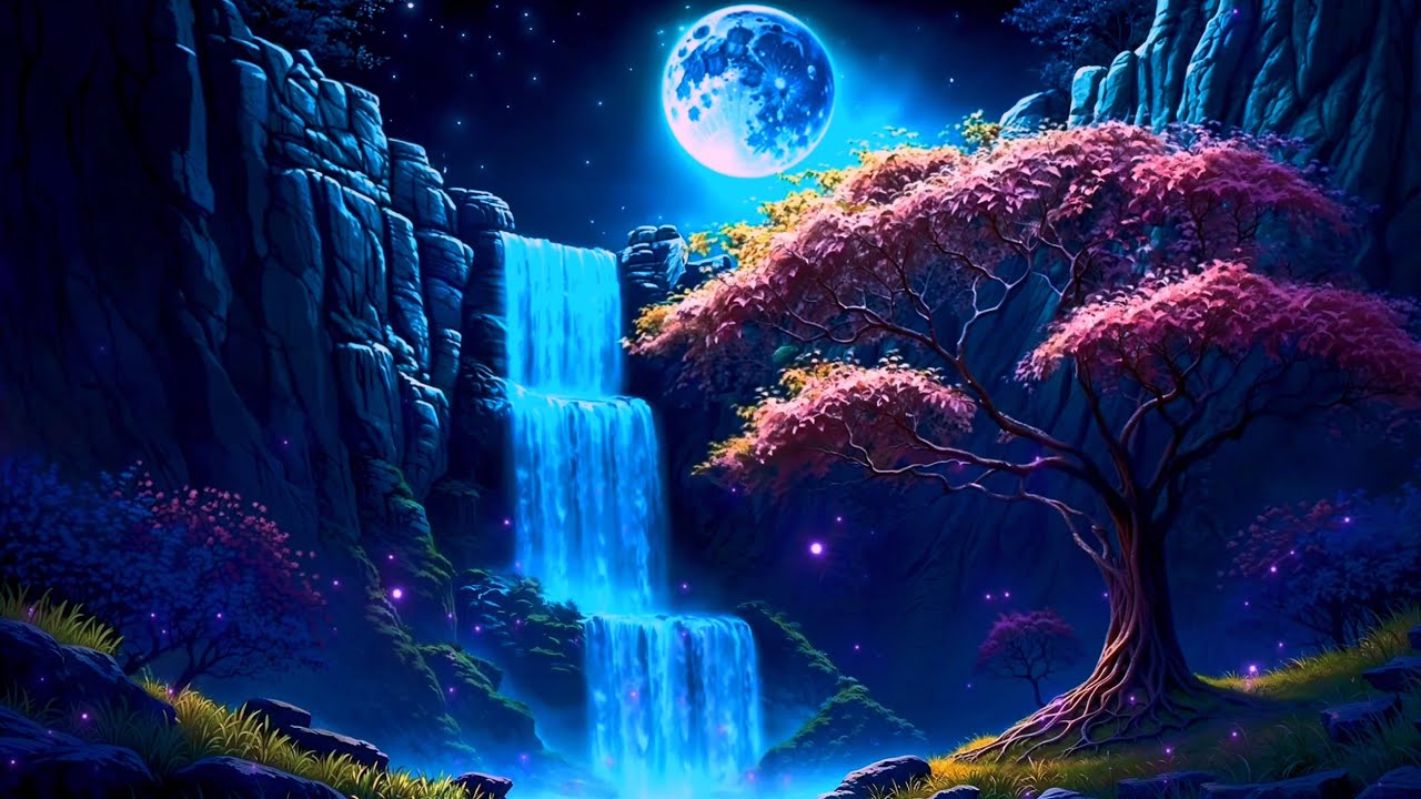 1 HOUR Magical Moonlight Waterfall 🌙✨ Relaxing Fantasy Night Ambience for Sleep & Study