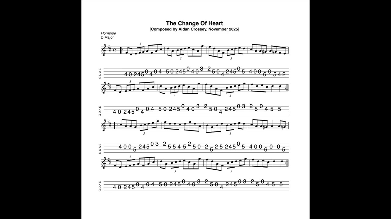The Change Of Heart -a hornpipe in D Major composed, tabbed for mandolin and played by Aidan Crossey