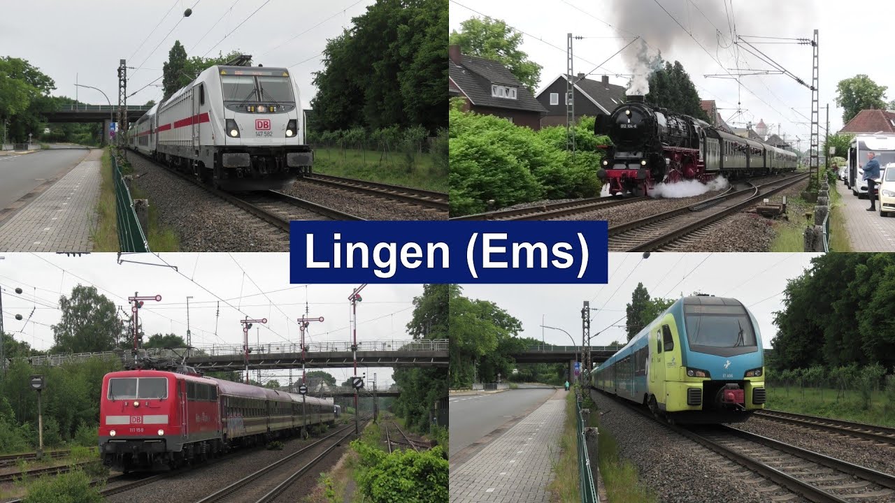 Bahnverkehr in Lingen(Ems) mit 012 104 + Sonderzug, Br 111, Güterzug, IC 2 und Westfalenbahn FLIRT