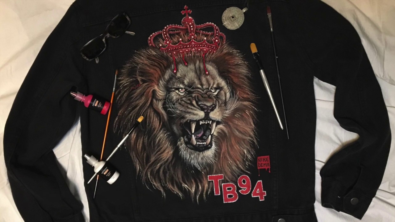 Painting WILD LION on Black Denim Jacket