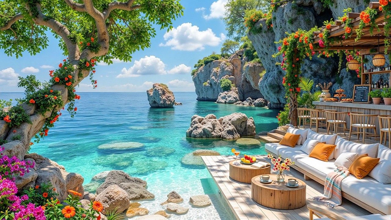 Morning Beach Cafe Ambience with Sweet Bossa Nova Jazz & Ocean Wave Sounds for Stress Relief