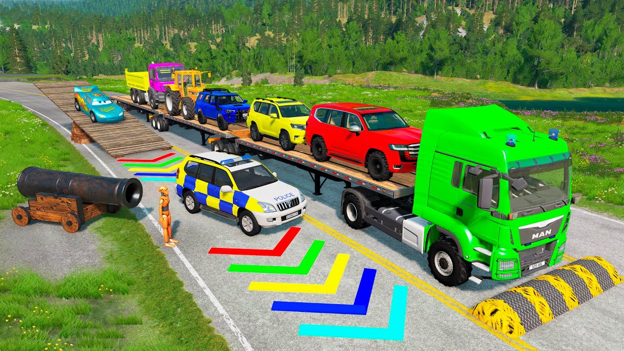 Flatbed Trailer McQueen Transportation with Truck - Speedbumps vs Cars vs Train - BeamNG.Drive #172