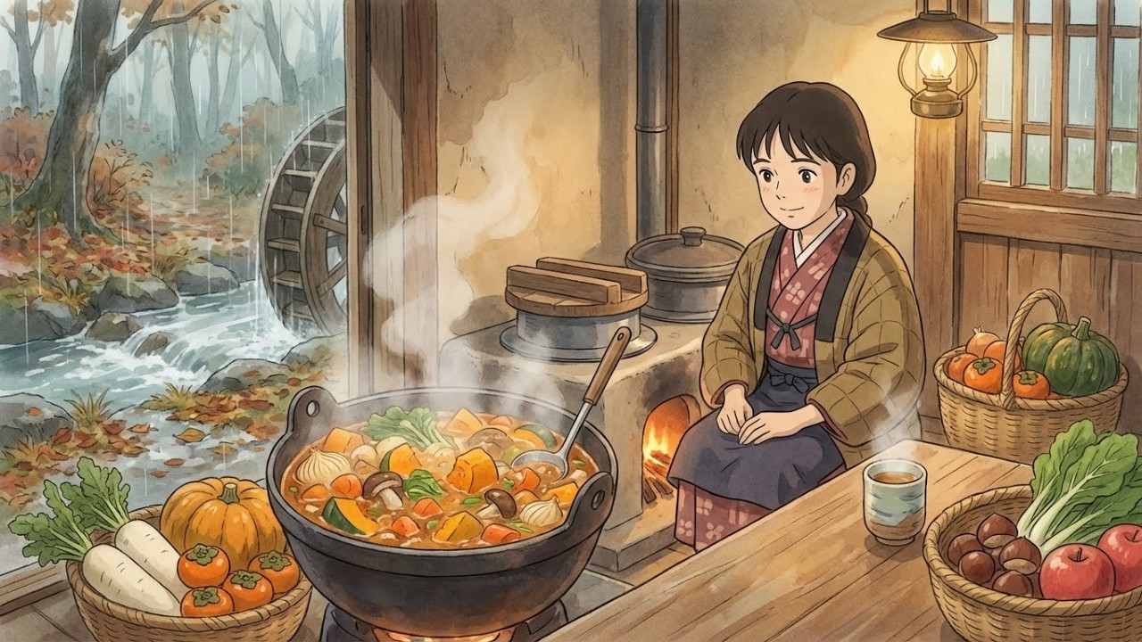 Pumpkin Stew by the Old Watermill 🍂 | Ghibli Style Rainy Cooking ASMR
