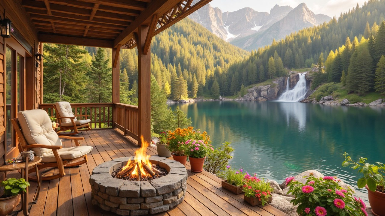 Warm Spring Balcony Ambience by the Lake 🌿🔥Soft Piano Music & Crackling Fireplace Sounds for Focus