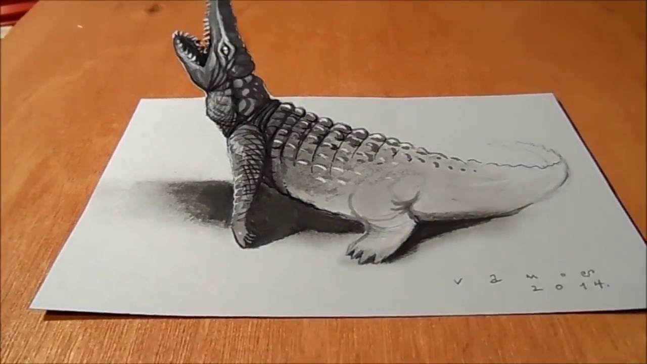 SZKIC 3D KROKODYLA, NIESAMOWITY EFEKT - ILUZJA