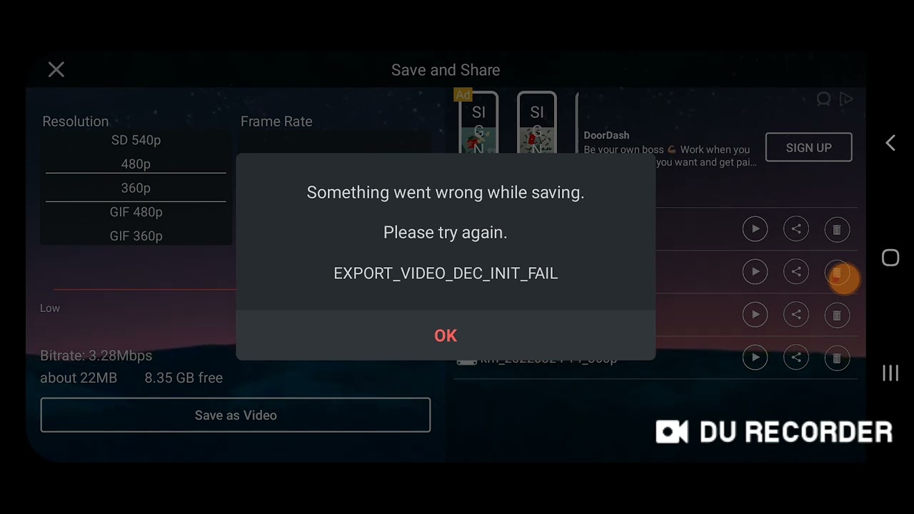 something went wrong while saving please try again export video Dec init fail