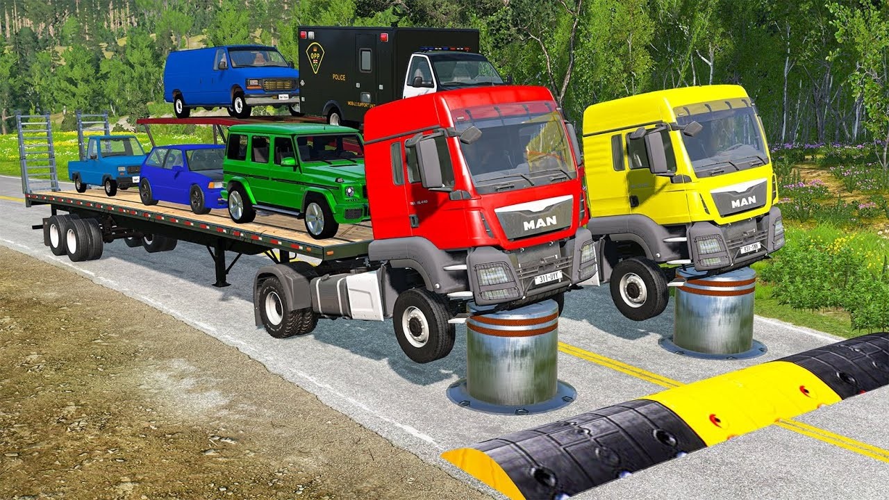 Double Flatbed Trailer Truck vs Speedbumps Train vs Cars Beamng.Drive #3