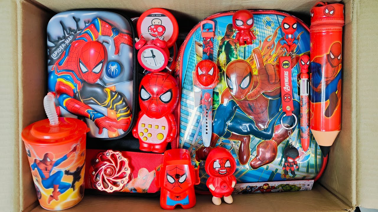 Unboxing Unique Spiderman Stationery 📚 School Bag, Sharpener, Pencil case, Lunchbox, Video Game etc.