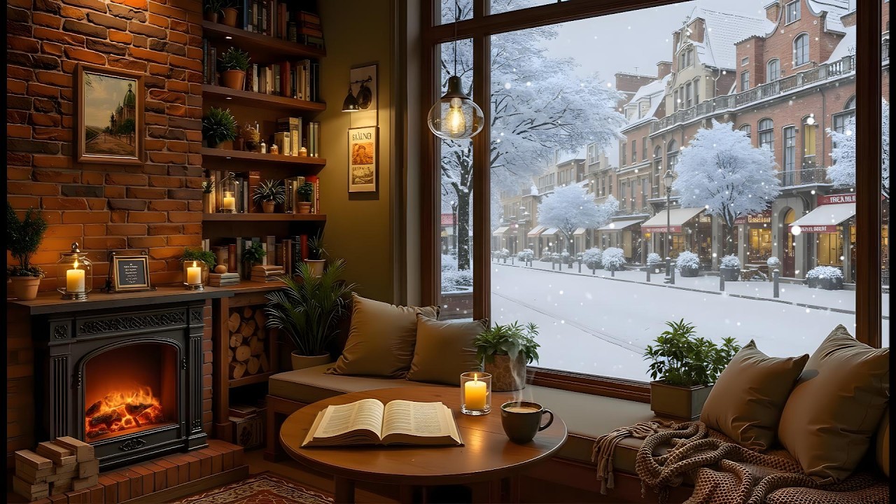 Cozy February Winter Coffee Shop ❄️ Soft Piano & Warm Fireplace Ambience for Study, Work & Relax