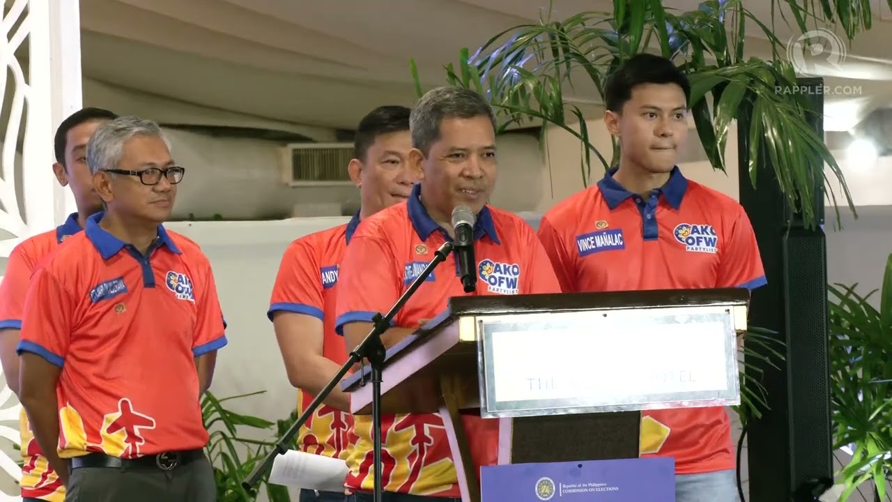 Party-list group Ako OFW addresses the press after submitting its CONA