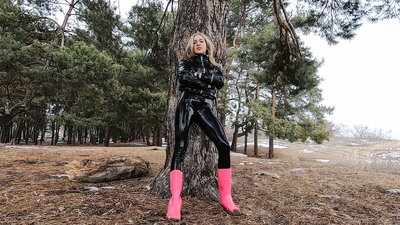 Walking in forest in latex leggings