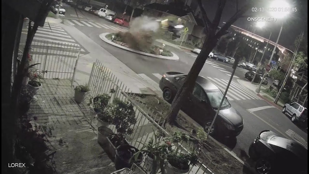 Car crashes into roundabout in Long Beach, goes airborne