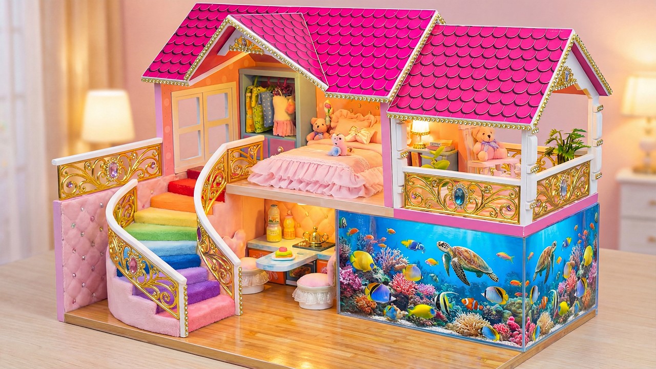 Build Enchanting Rainbow Bridge House with Aquarium Lounge & Pink Dream Room ❤️ DIY Miniature House