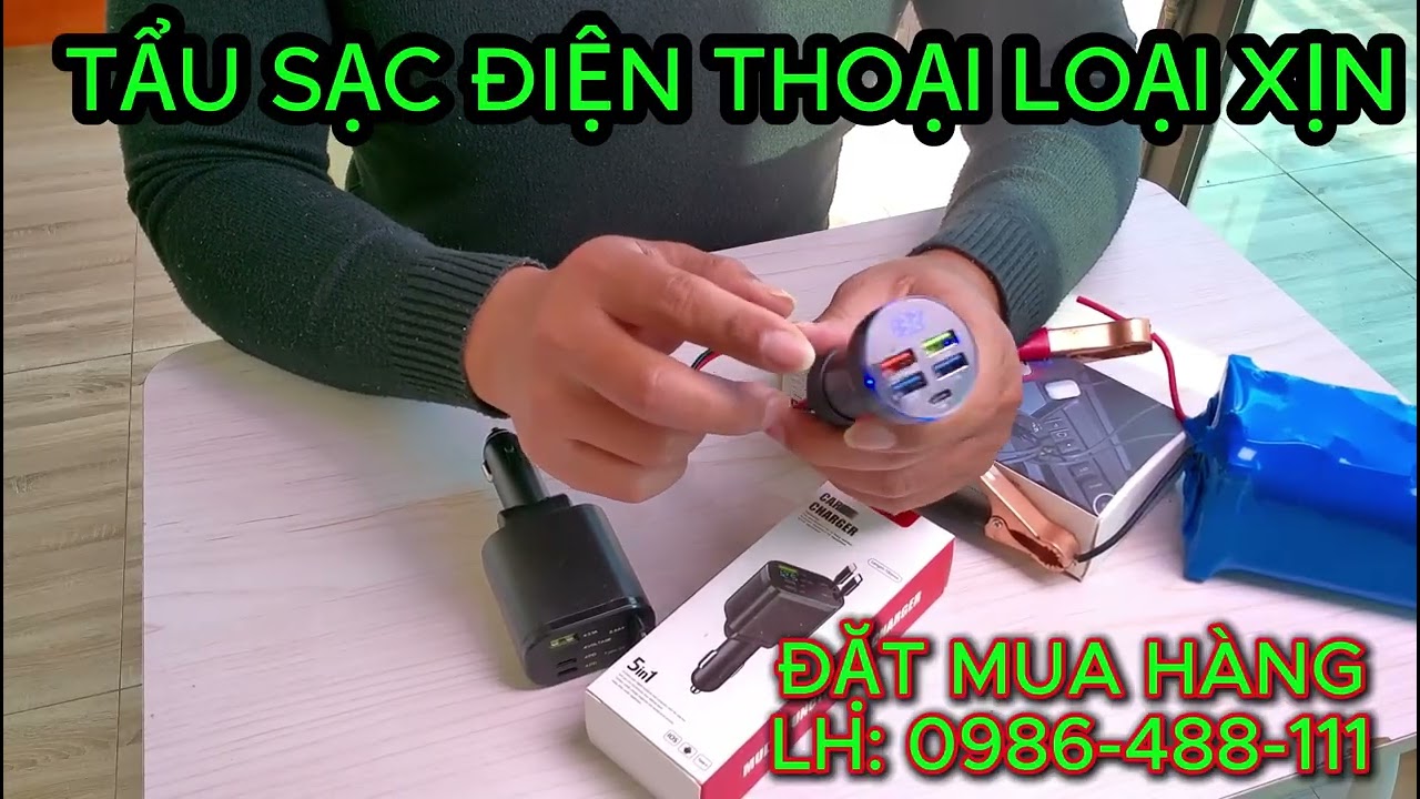 Tẩu sạc điện thoại trên ô tô báo vôn số led xanh viền màu:0986-488-111