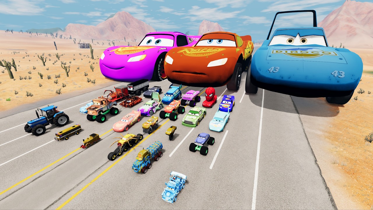 Big & Small Lightning Mcqueen, Pixar Cars vs Dinoco, Tow Mater vs CLAP - BeamNG.Drive