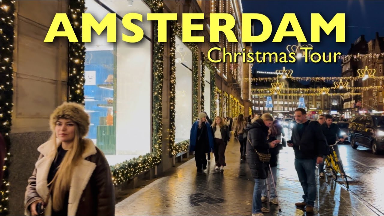 Amsterdam Central Walk | Christmas Window Shopping, Skating & Christmas Vibes (4K)