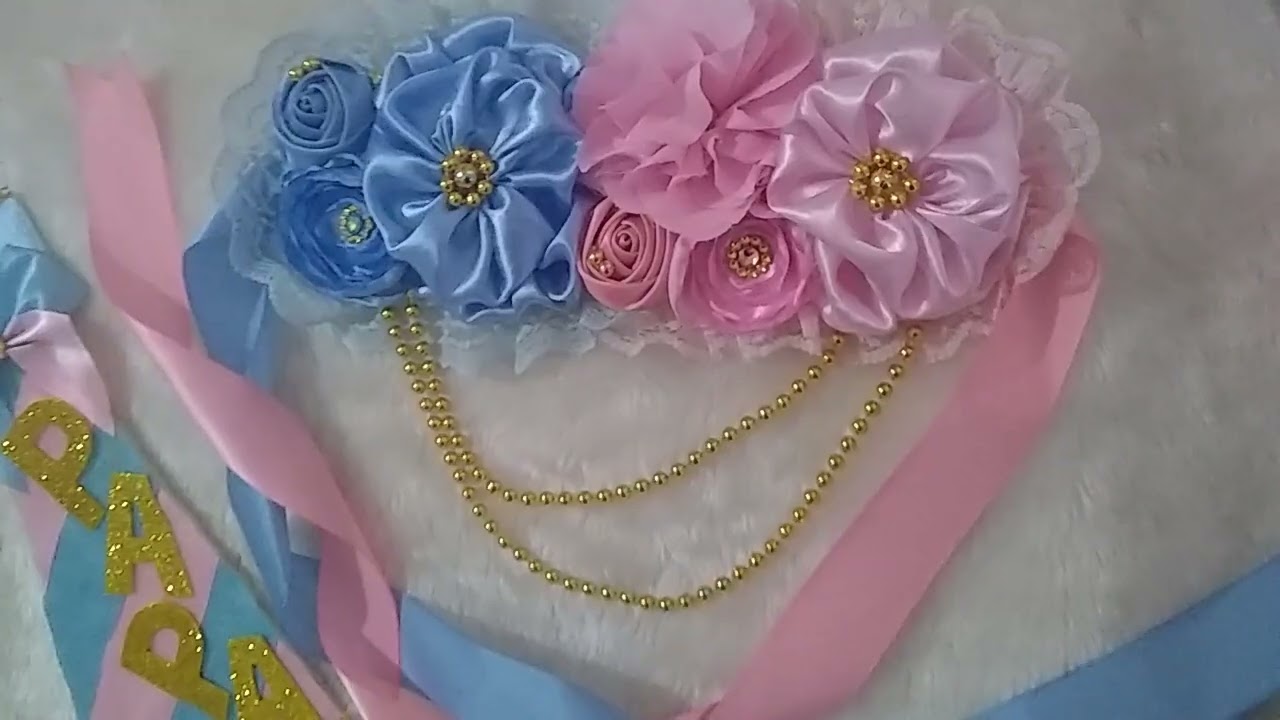 Banda de maternidad y corbata para papá baby shower revelación tonos celeste y rosa pastel