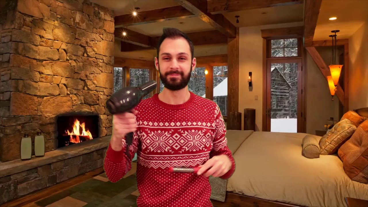 Snowstorm and crackling fireplace with hairdryer, the perfect mix for relaxing on your sofa/bed!