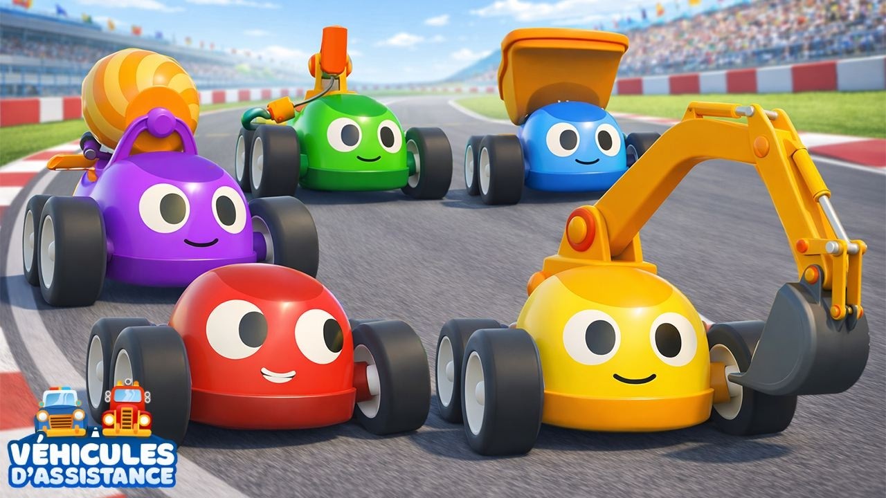 Une course de voitures et un pont à construire. Dessins animés avec les Véhicules d’Assistance