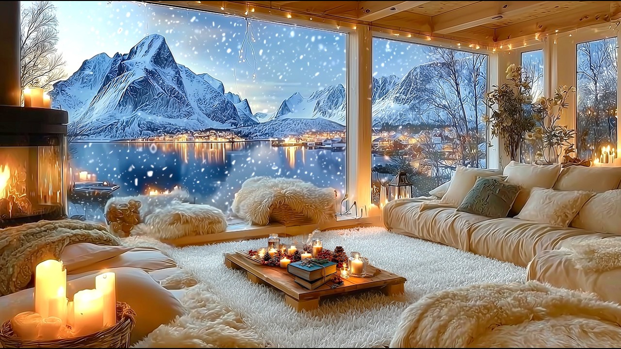 Warm Winter Cabin by the Lake ❄️ Soft Piano & Snowfall Fireplace Sounds