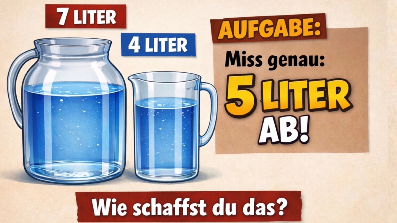 Findest du eine Lösung? Gesucht sind exakt 5 Liter. Umschüttversuch