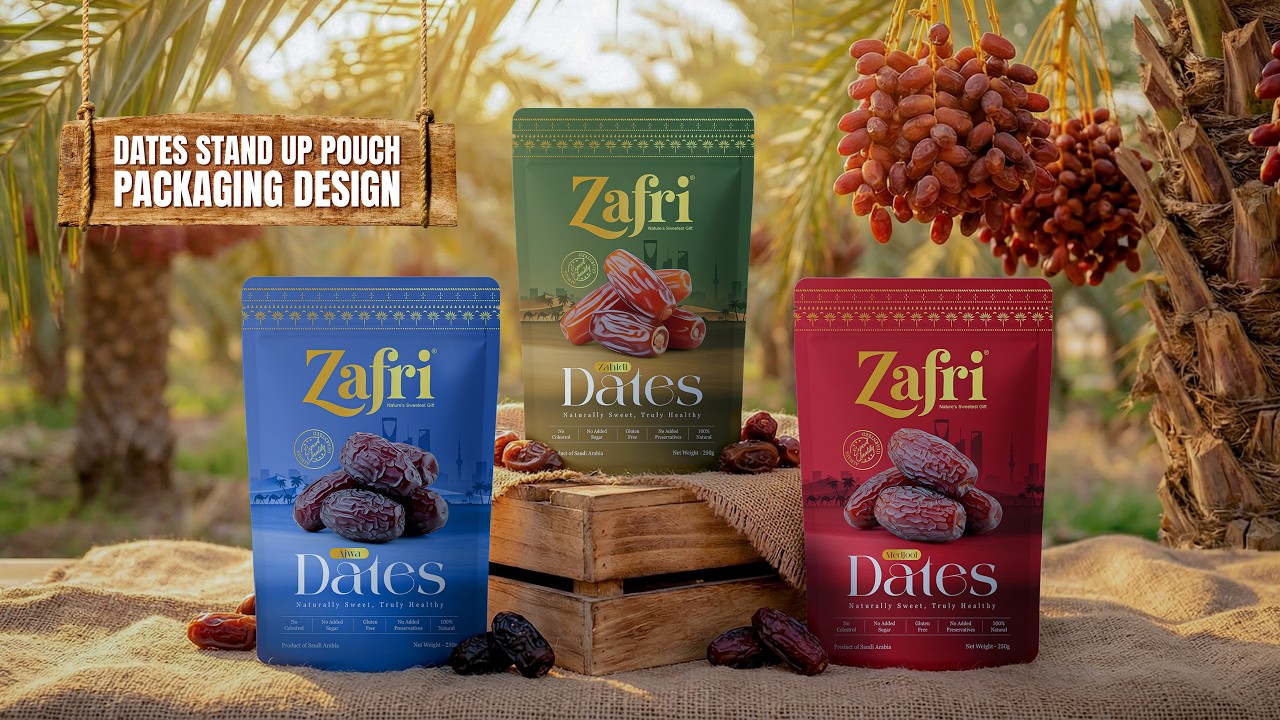 Dates Stand Up Pouch Packaging Design in Adobe Illustrator | Product Packaging