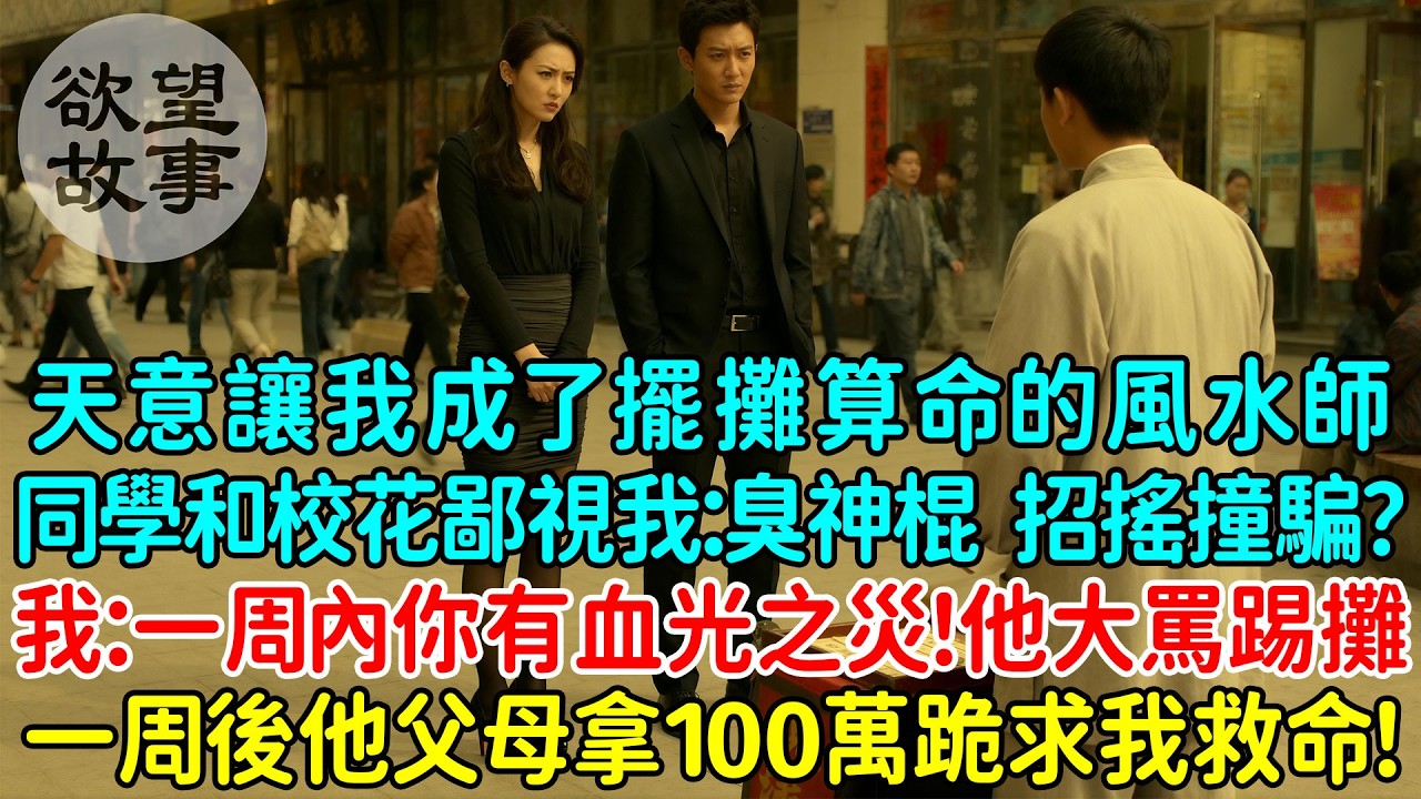 天意讓我成了擺攤算命的風水師，校花挽著富二代男同學鄙視我：臭騙子，招搖撞騙？我淡然說道：你一周內你必有血光之災！他倆大罵還砸攤子！一周後他父母拿著100萬跪著求我救命！