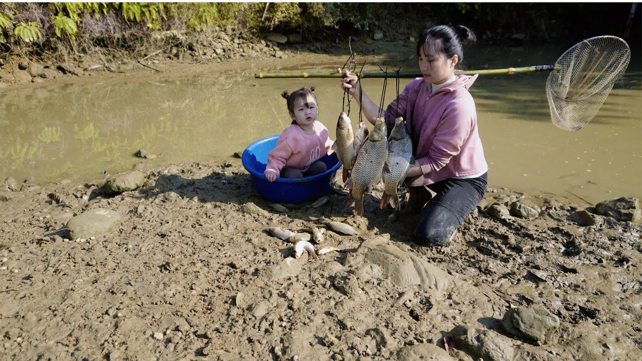 Girl Harvests a Large Pond of Fish and Takes It to the Market to Sell with Her 2-Year-Old Baby