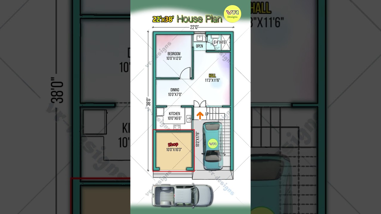 22&rsquo;&times;38&rsquo; house plan with SHOP (or guest room), 1 bhk house design with car parking, 22*38 home plan