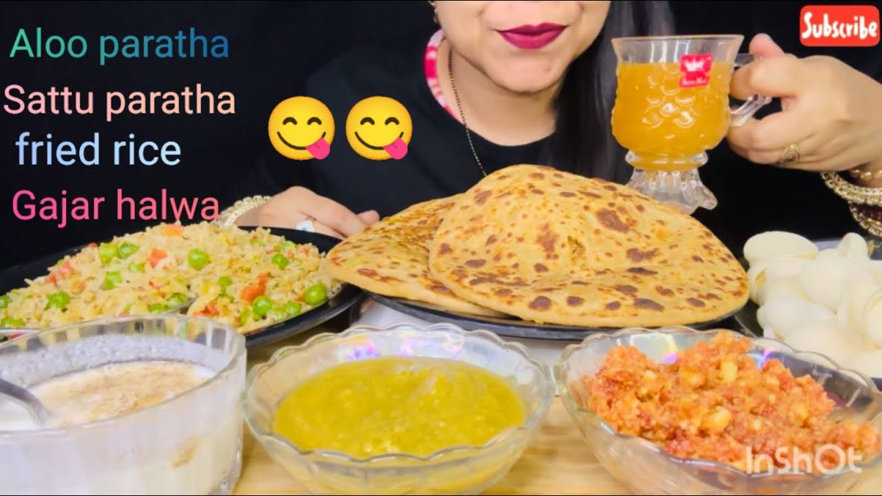Eating aloo paratha,sattu paratha,fried rice,gajar halwa#mukbang #asmr #food #eating 