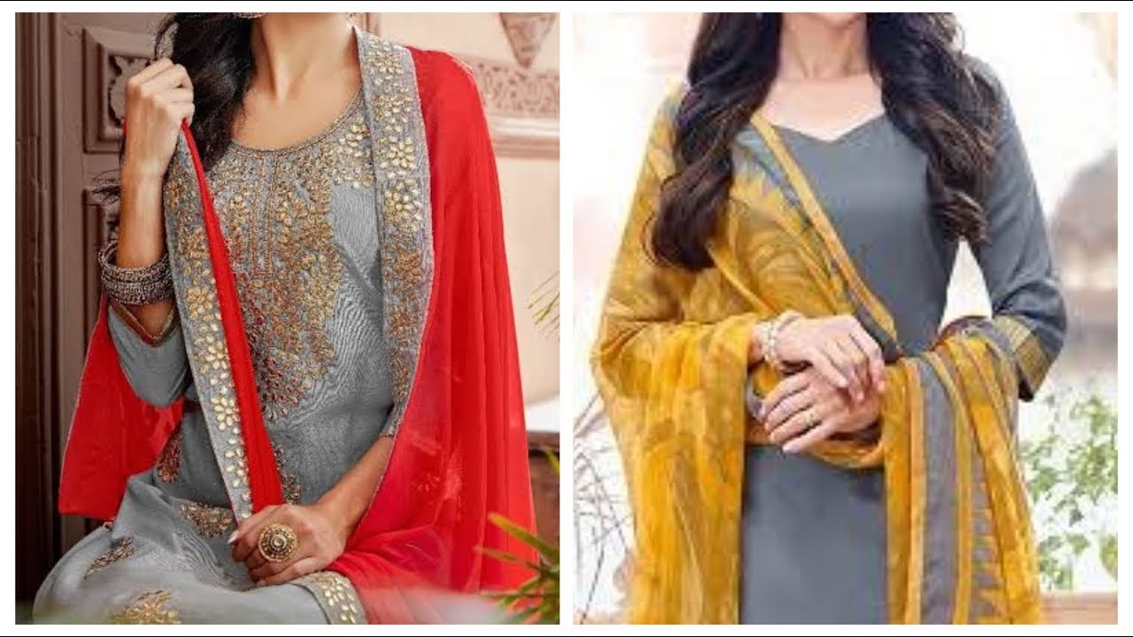 Дупатта контрастного цвета с серым костюмом, серая курти, подходящие леггинсы, офисная куртка